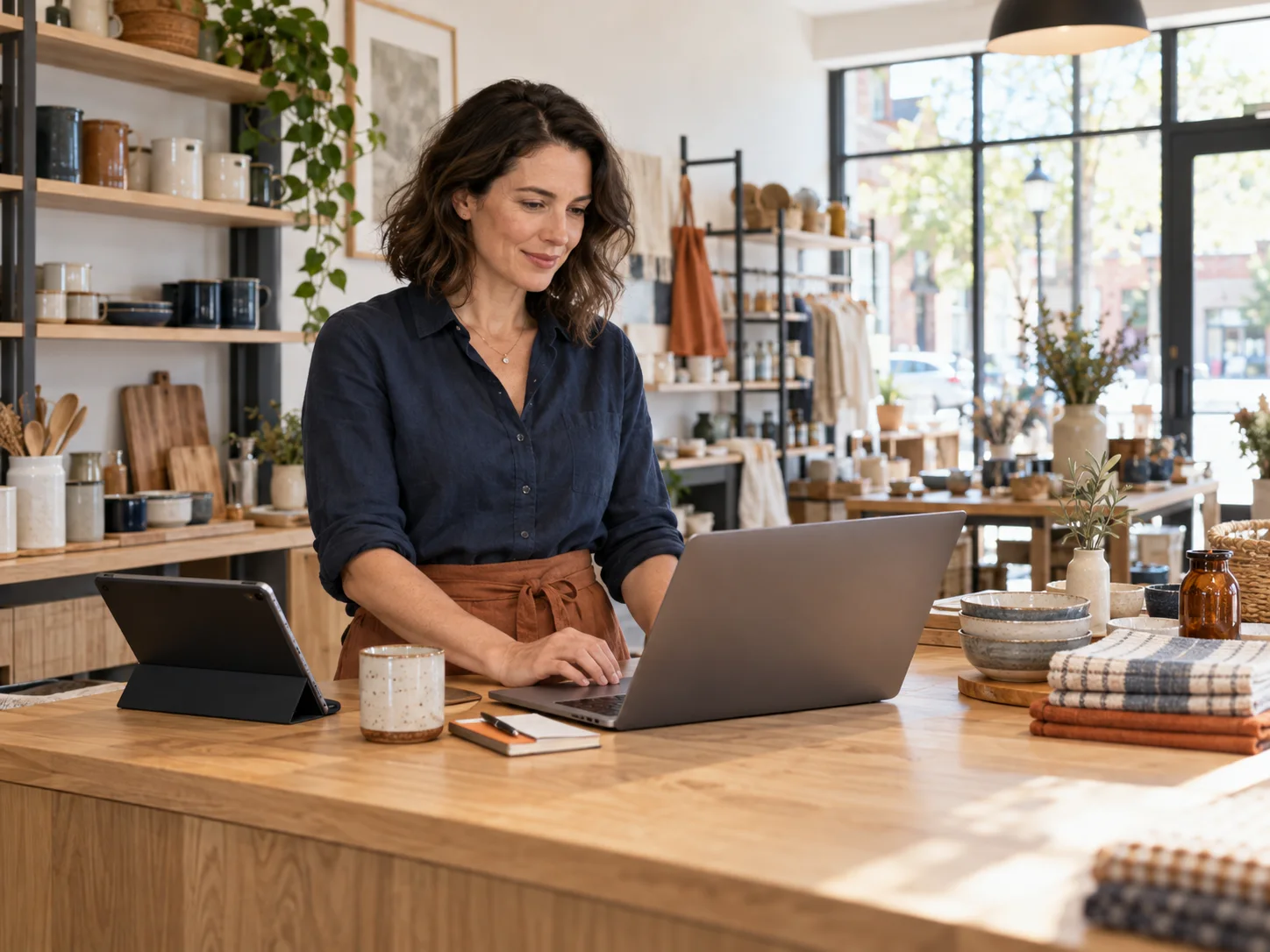 Small business owner using digital tools in a modern retail store